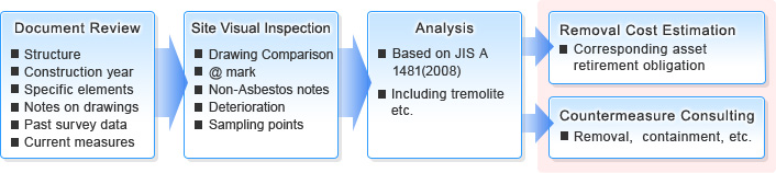 Document Review:Structure, Construction year, Specific elements, Notes on drawings, Past survey data, Current measures; Site Visual Inspection:Drawing Comparison,@ mark, Non-Asbestos notes,  Deterioration, Sampling points; Analysis:Based on JIS A 1481(2008), Including tremolite etc.; Removal Cost Estimation:Corresponding asset retirement obligation; Countermeasure Consulting:Removal, containment, etc.