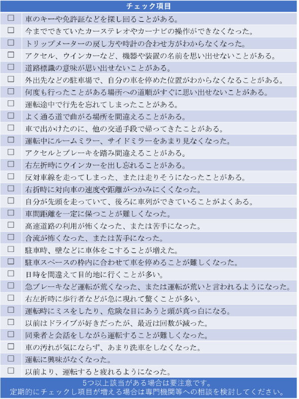 表１ 高齢運転者向け安全運転チェックリスト