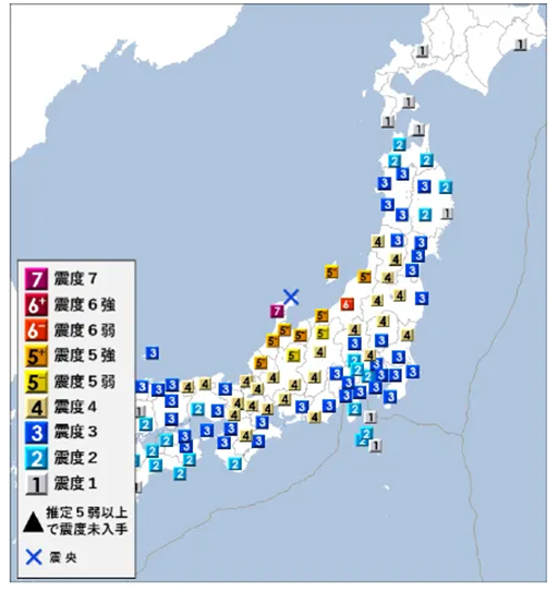 図1　2024 年1月1日 16時10分発生の地震（M 7.6）の震度分布図