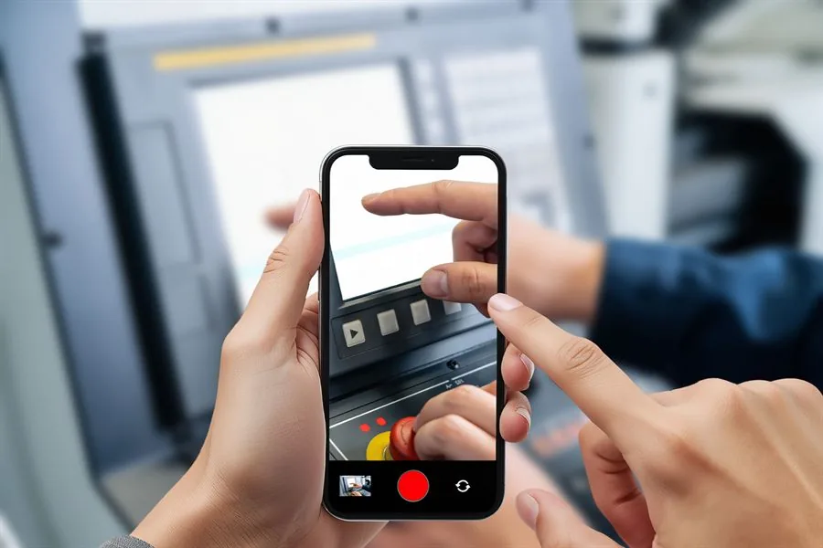 スマートフォンで作業を撮影し、動画マニュアルの素材を用意する様子