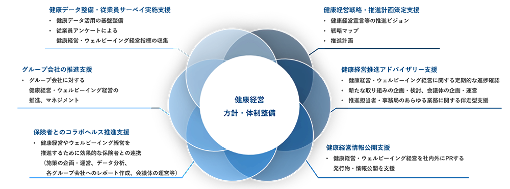 健康データ整備・従業員サーベイ実施支援 健康データ活用の基盤整備、従業員アンケートによる健康経営・ウェルビーイング経営指標の収集 グループ会社の推進体制 グループ会社に対する健康経営・ウェルビーイング経営の推進、マネジメント 保険者とのコラボヘルス推進支援 健康経営やウェルビーイング経営を推進するために効果的な保険者との連携(施策の企画・運営、データ分析、各グループ会社へのレポート作成、会議体の運営等) 健康経営戦略・推進計画策定支援 健康経営宣言等の推進ビジョン、戦略マップ、推進計画 健康経営推進アドバイザリー支援 健康経営・ウェルビーイング経営に関する定期的な進捗確認、新たな取り組みの企画・検討、会議体の企画・運営、推進担当者・事務局のあらゆる業務に関する伴走型支援 健康経営情報公開支援 健康経営・ウェルビーイング経営を社内外にPRする、発行物・情報公開を支援