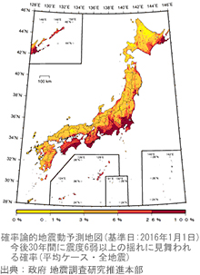 確率論的地震動予測地図（基準日：2016年1月1日） 今後30年間に震度6弱以上の揺れに見舞われる確率（平均ケース・全地震） 出典：政府 地震調査研究推進本部